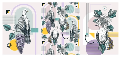 Valentine's day cards set. Collage style doves background. Hand-drawn vector illustration. Beautiful bird, blooming branch, spring flower sketches. Trendy style love poster, print, wall art